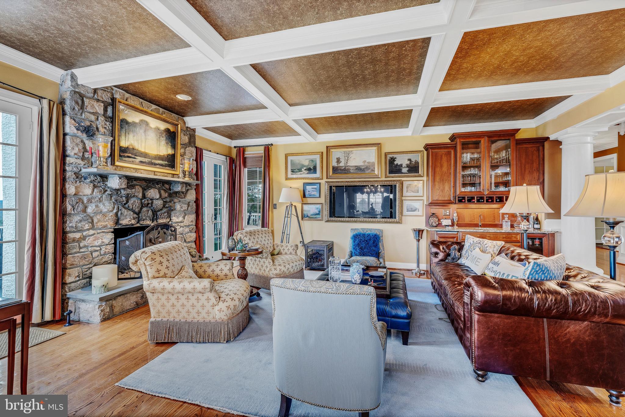 5 Shull Farm Road Erwinna, PA 18920 - Photo 5 of 33 Family rm with Coffered Ceiling Stone FP & Wet Bar