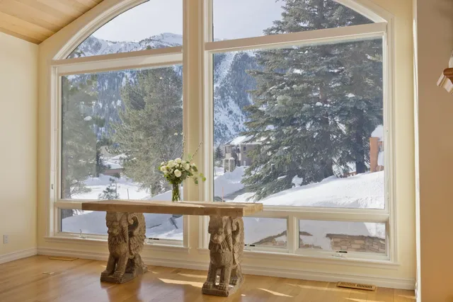 a view of swimming pool from a window