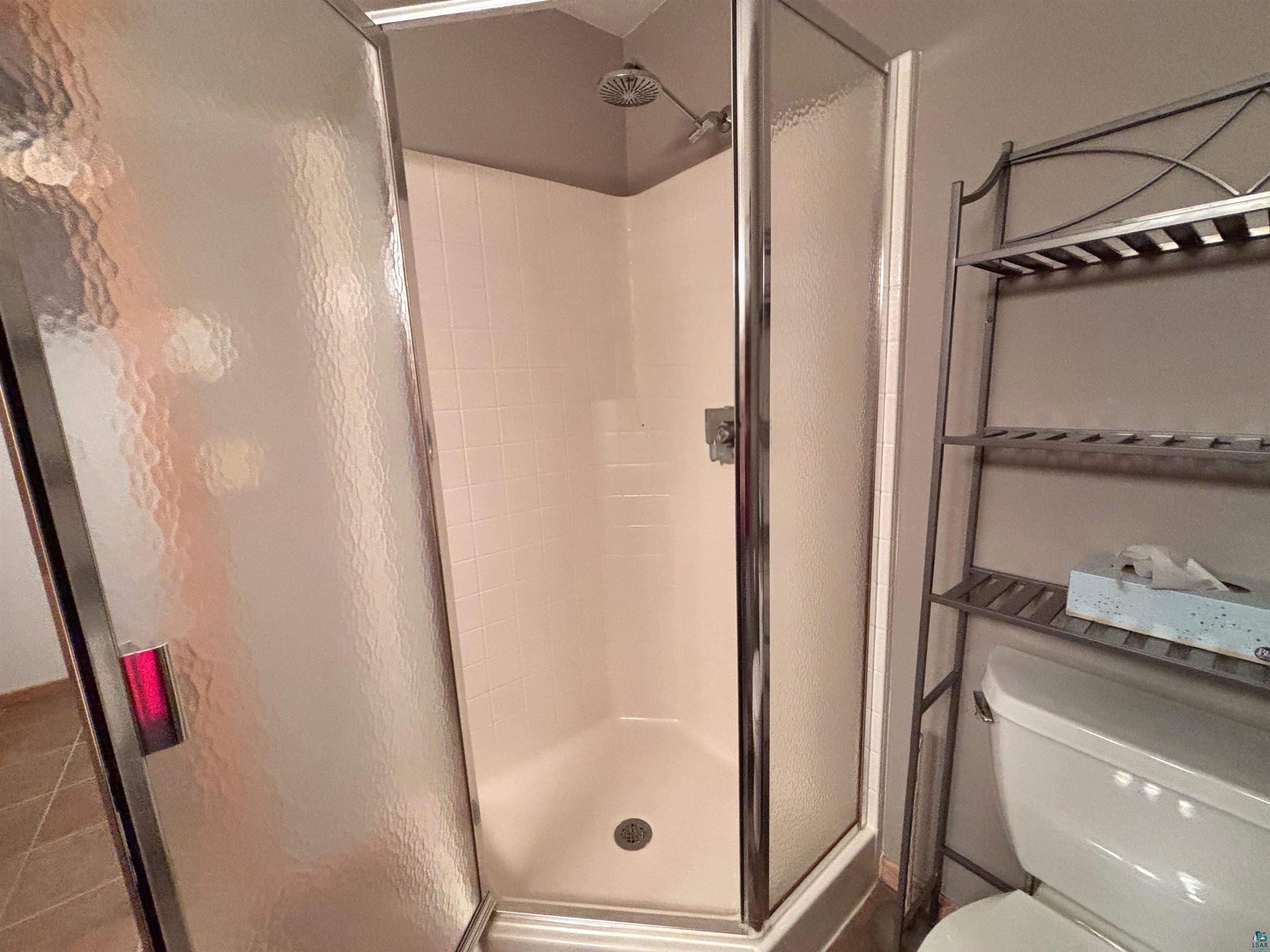 21 Turnagain Trail Lutsen, MN 55612 - Photo 61 of 77 Enclosed corner shower with textured glass doors, chrome hardware, and white tiled walls