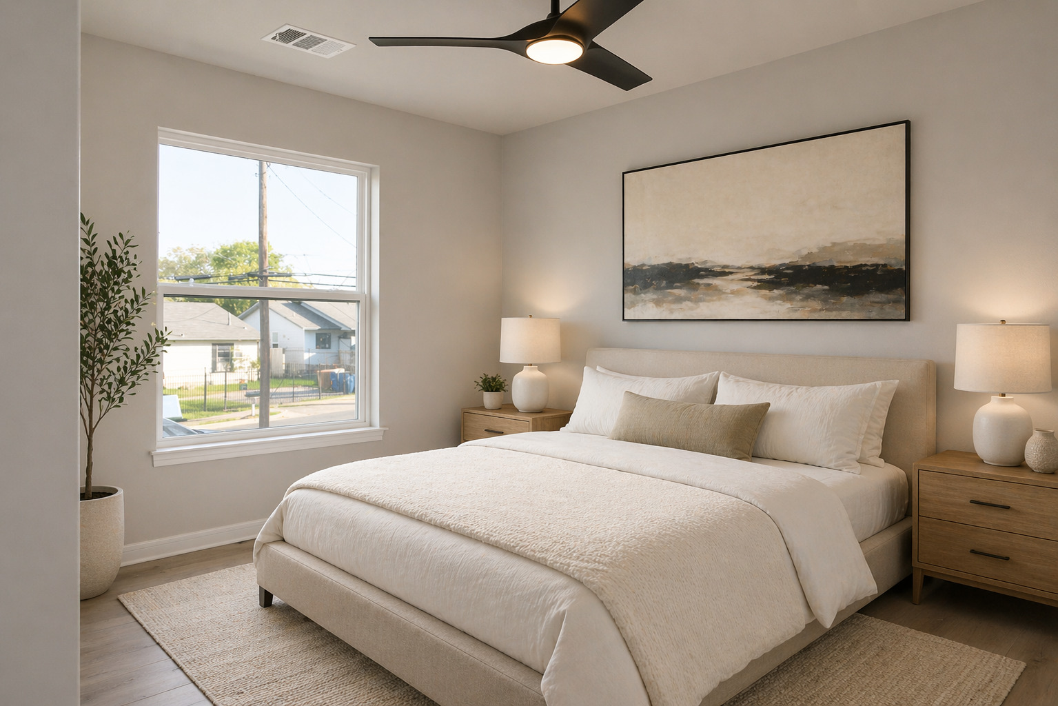 7206 Meador Avenue, Unit B Austin, TX 78752 - Photo 7 of 19 Room featuring a ceiling fan with integrated lighting, a large window, and wood-finish flooring