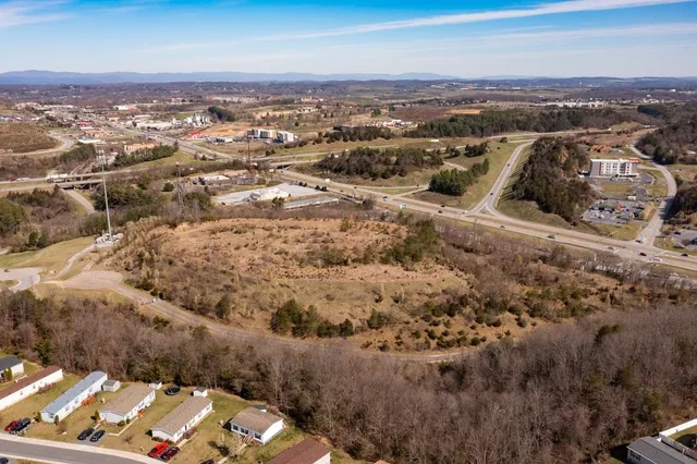 a view of a town with mountains in the background