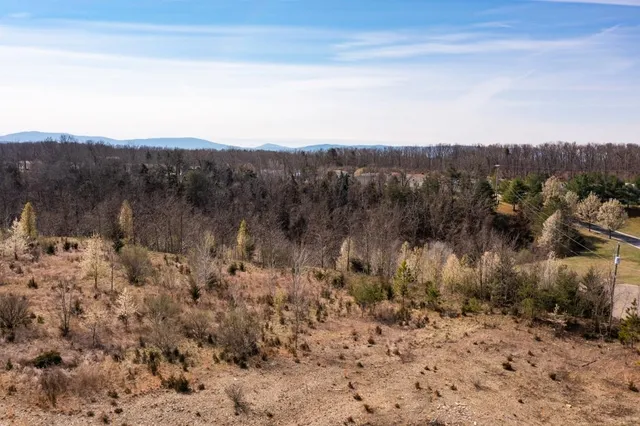 a view of a town with mountains in the background