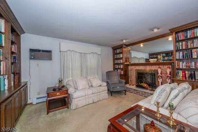 a living room with furniture a bookshelf and a fireplace