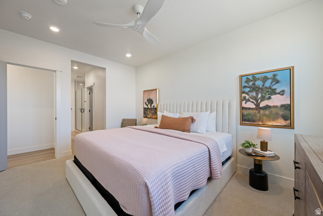 762 West Periwinkle Lane, Unit 102 St. George, UT 84790 - Photo 13 of 40 Bedroom with a ceiling fan, recessed lighting, and light colored carpet