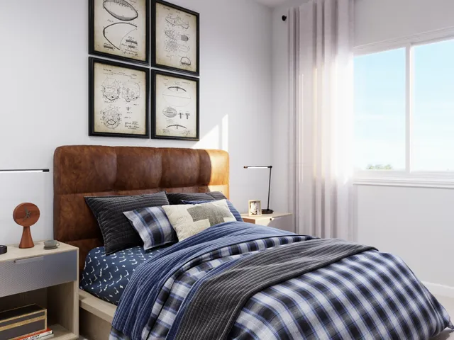 a bedroom with a bed and a rug