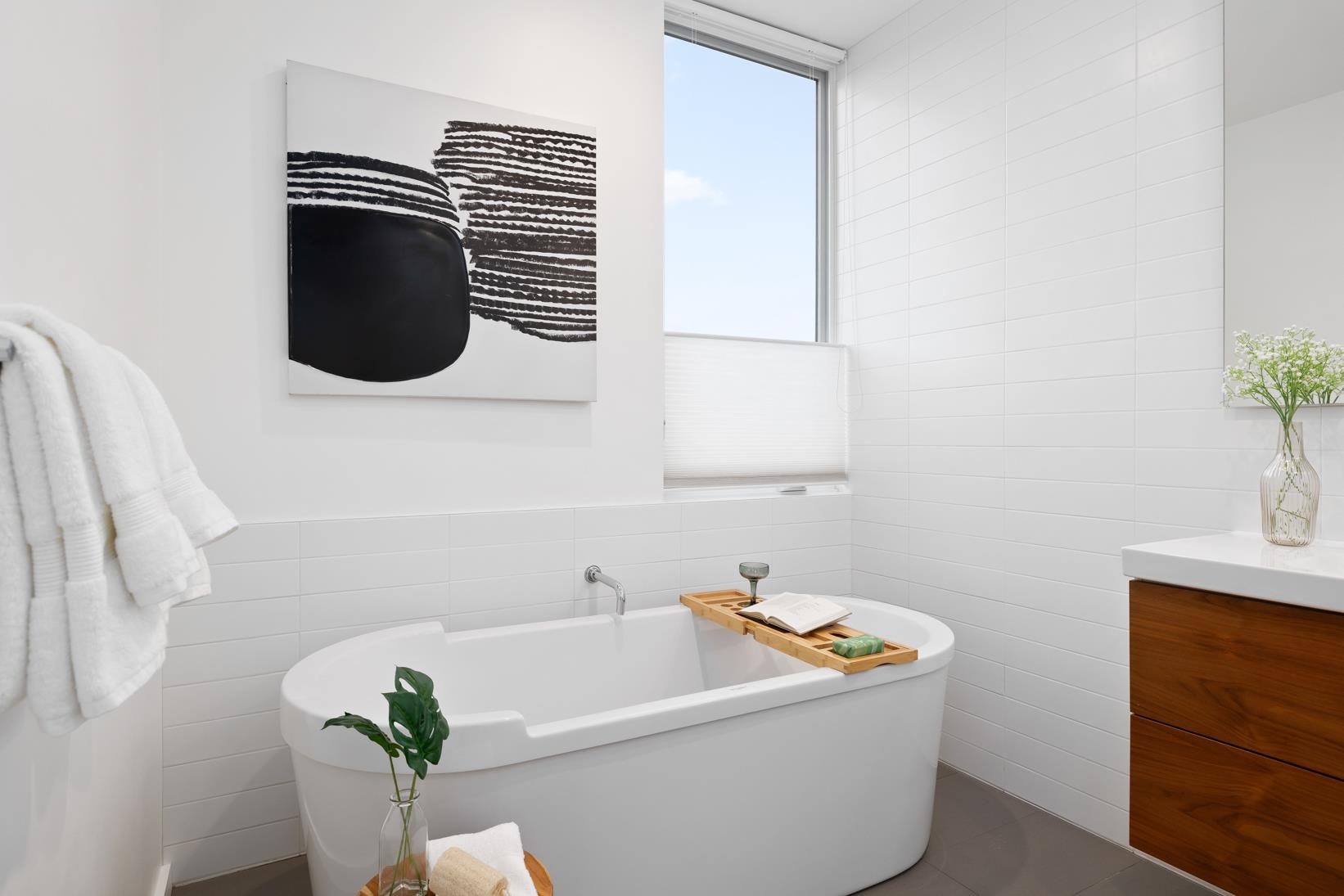 1034 Grayson Street Berkeley, CA 94710 - Photo 28 of 48 Full bath featuring tile walls, a freestanding bath, and vanity