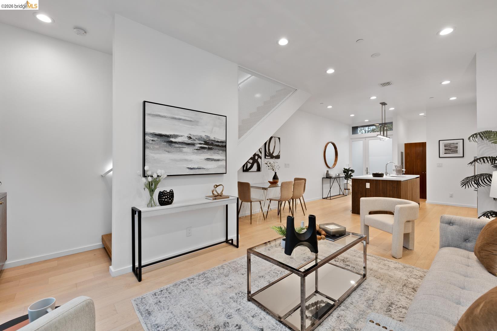 1034 Grayson Street Berkeley, CA 94710 - Photo 9 of 48 Living room with recessed lighting, stairs, and light wood-type flooring