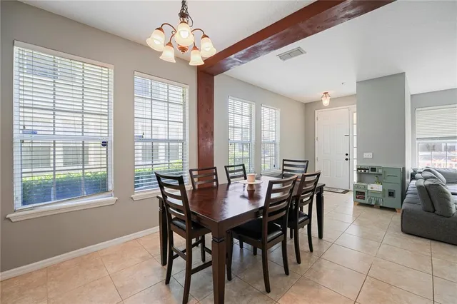 a view of a dining room with furniture window and outside view