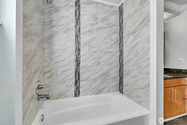 a bathroom with a bathtub