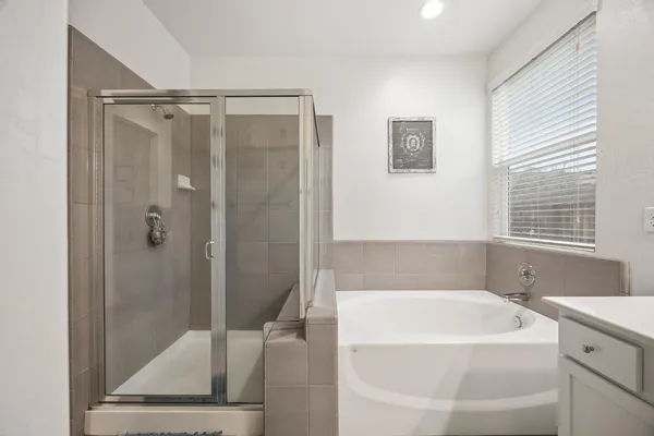 a bathroom with a bathtub and a shower