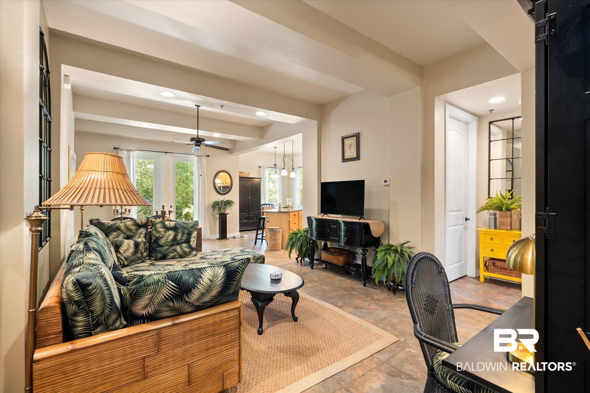 1430 Regency Road, Unit C103 Gulf Shores, AL 36542 - Photo 4 of 29 Living area with a ceiling fan, recessed lighting, and stone finish floors