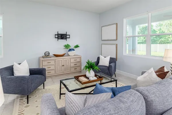 a living room with furniture and a large window