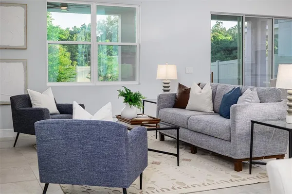 a living room with furniture and a potted plant