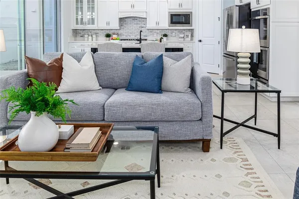 a living room with furniture and a potted plant