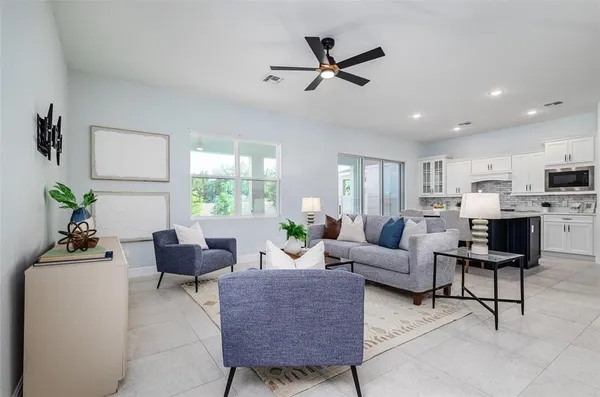 a living room with furniture and a potted plant