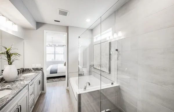 a bathroom with a bathtub