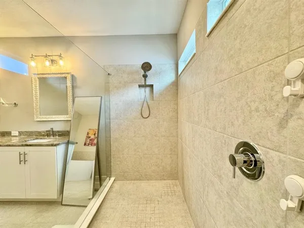 a bathroom with a granite countertop sink a mirror and shower
