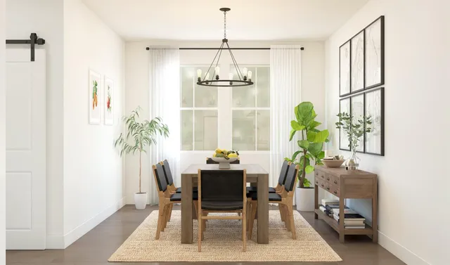 a dining room with furniture a potted plant and a rug