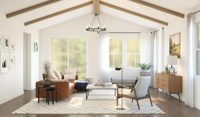 a view of workspace with wooden floor windows