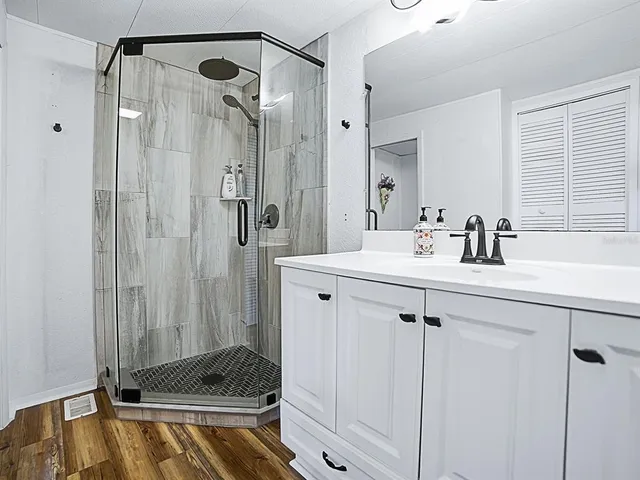 a bathroom with a shower sink vanity and mirror