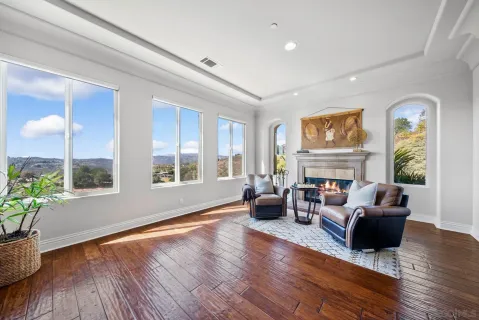 a living room with fireplace furniture and a wooden floor