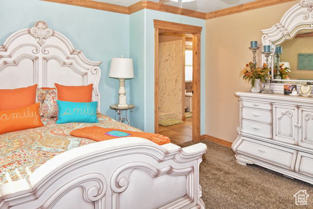 1500 Fish Creek Road Bancroft, ID 83217 - Photo 8 of 45 Bedroom with ensuite bath, ornamental molding, and light carpet