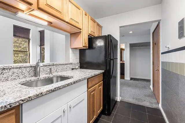a kitchen with stainless steel appliances granite countertop a sink and a refrigerator