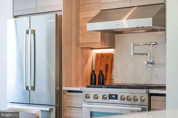 a view of a refrigerator with wooden door