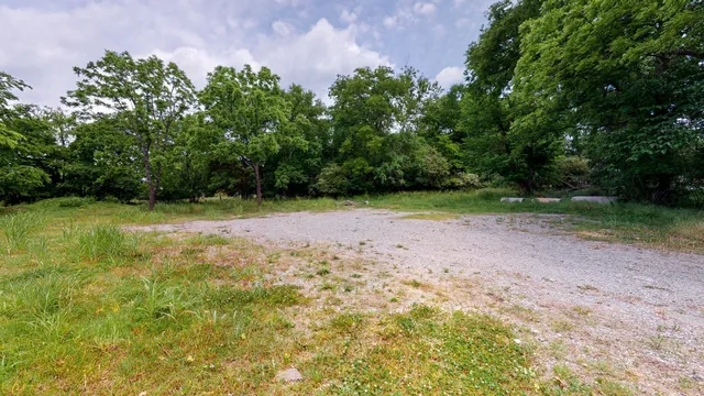 a view of a field with trees in the background