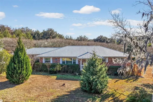 a view of a house with a yard and potted plants