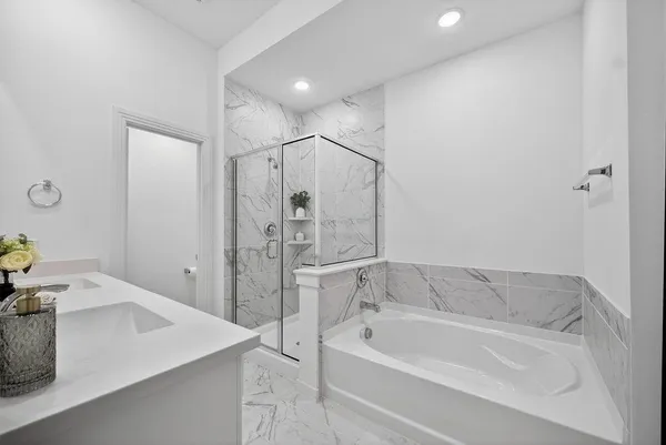 a bathroom with a tub a sink and a shower