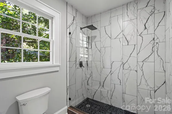 a bathroom with a shower curtain and a toilet