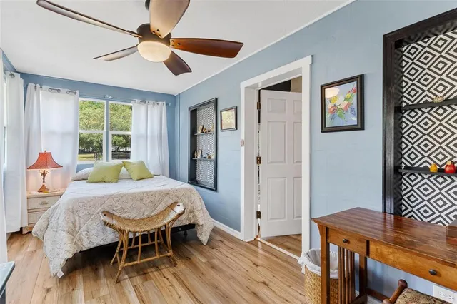a bedroom with a bed and wooden floor