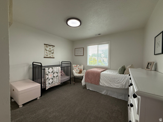 608 South 500 West, Unit 3 Provo, UT 84601 - Photo 29 of 35 Bedroom featuring light neutral wall paint, dark grey carpet flooring, a single window, and an overhead flush-mount light fixture