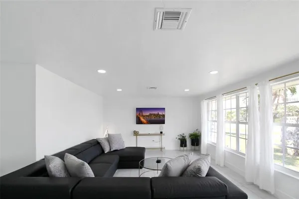 a living room with furniture and a potted plant