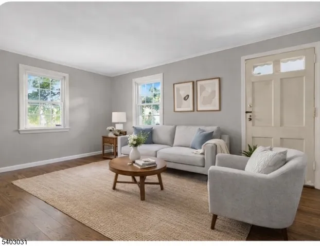 a living room with furniture a rug and a window