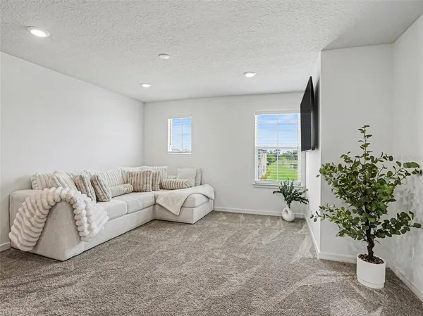 a living room with furniture and a potted plant