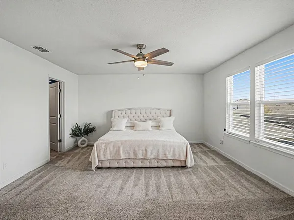 a bedroom with a large bed and a window
