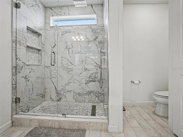 a bathroom with a shower and a toilet