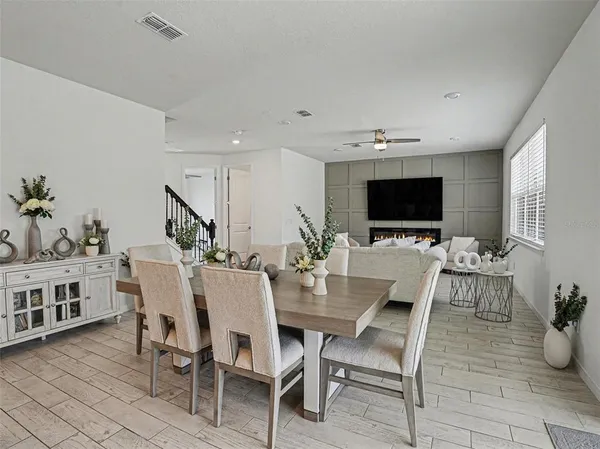 a view of a dining room with furniture
