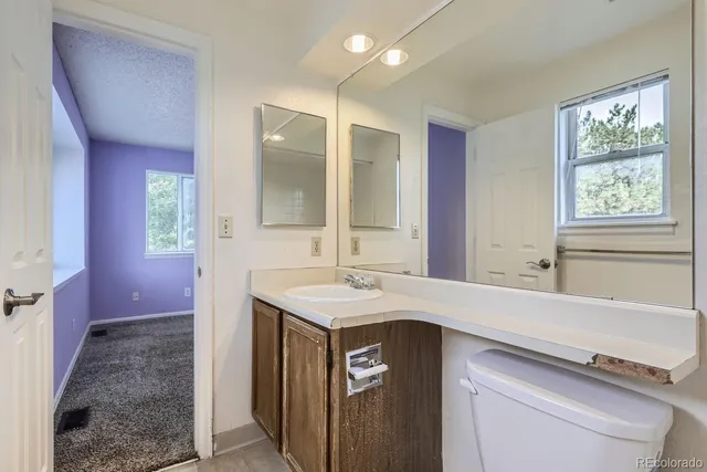 a bathroom with a sink a vanity and a mirror