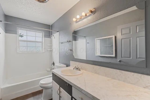 a bathroom with a sink a toilet a mirror and bathtub