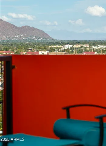 a view of a patio with table and chairs potted plants and a palm tree