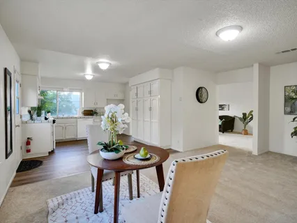 a living room with furniture and a dining table with potted plants