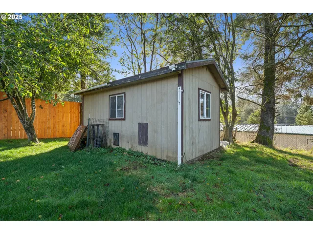 a backyard of a house with plants and large tree