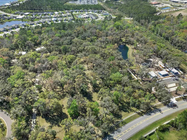 an aerial view of residential houses with outdoor space and trees