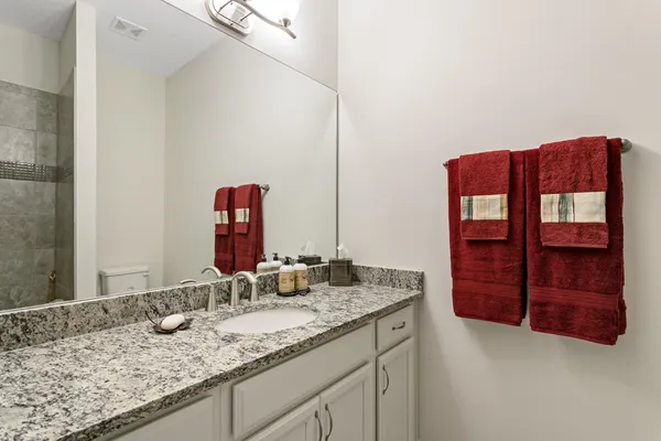a bathroom with a granite countertop sink a toilet and shower