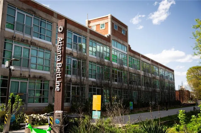 a view of a building with sitting area