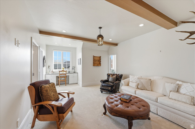 930 Price Farm Court Midway, UT 84049 - Photo 26 of 42 Living room featuring beamed ceiling, light colored carpet, and recessed lighting