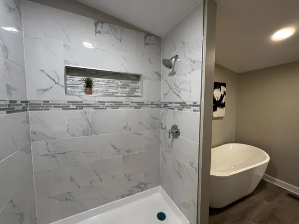 a bathroom with a bathtub and a shower